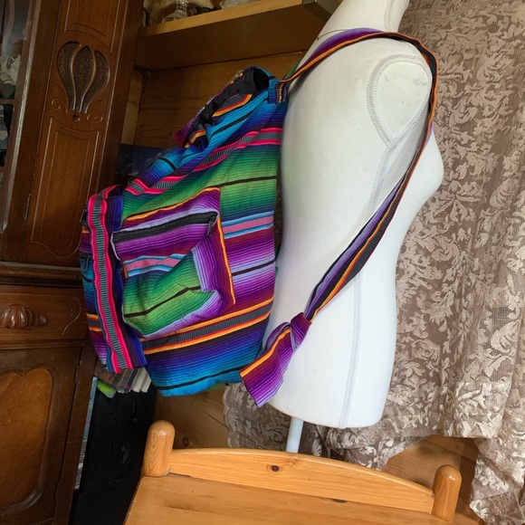 Peruvian XL Colourful Striped Backpack Cotton NEW Many Pockets Unisex - Picture 6 of 10